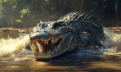 Obraz premium Crocodile emerges from water with open jaws.