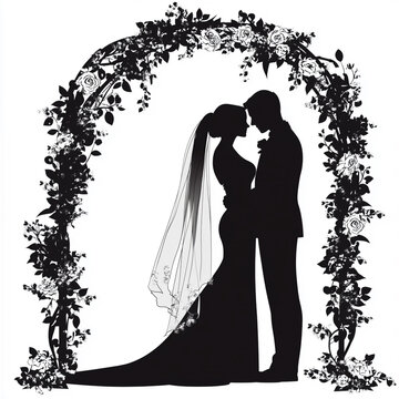 recommend clip art: Silhouette of a bride and groom under an arch with roses, a black monochrome silhouette on a white background.