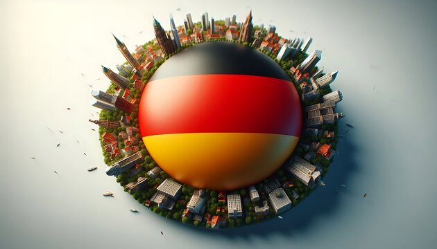 A large, round, colorful German flag is surrounded by a cityscape. The flag is the focal point of the image, and the cityscape is the background. Concept of unity and pride in the German culture