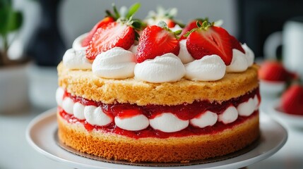 A classic sponge cake with layers of strawberry jam and whipped cream, garnished with fresh strawberries on top.