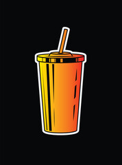 Fast food plastic cup with straw. Hot or cold drink. Original vector illustration in vintage style.