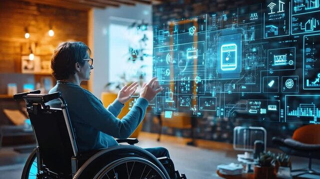 A wheelchair user utilizing voice commands to control a cutting-edge smart home system.