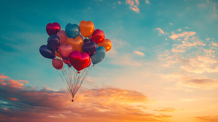 Romantic background with a heart-shaped balloon release, featuring colourful balloons drifting into a sunset sky