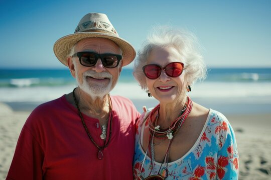 Cute and beautiful couple of seniors having fun together and enjoying their vacations at the beach