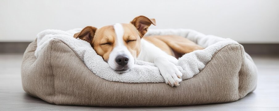 Dog sleeping peacefully in a large dog bed, curled up with a soft blanket   dog nap, peaceful pet at home