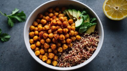 Fototapeta premium Buddha bowl with roasted chickpeas and quinoa closeup