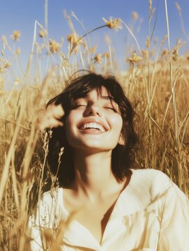 Polaroid style Flawless  female Model, Radiant Complexion Showcased in nature environment, Embodying Natural Beauty and Serene Elegance.