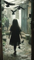 A young woman walks through a narrow alleyway, surrounded by pigeons. The shadows create a sense of mystery and intrigue.