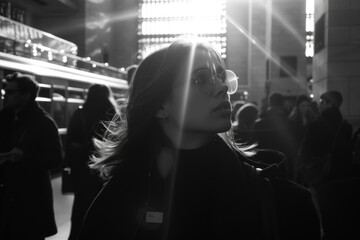 A young woman with long hair looks up towards the sun, her face illuminated in a black and white photograph.