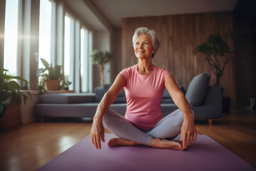 Happy Sporty mature woman doing yoga at home