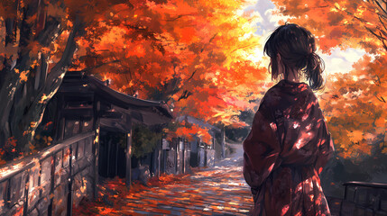 Fototapeta premium Cozy Autumn Anime Manga Art Wallpaper with Cute Girl Warm Autumn Colors and Lofi Vibes
