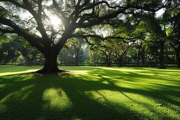 Fototapeta premium Sunlight streams through the branches of a large tree in a park, casting long shadows on the lush green grass.
