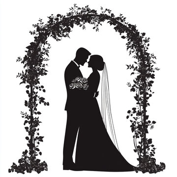 recommend clip art: Silhouette of a bride and groom under an arch with roses, a black monochrome silhouette on a white background.