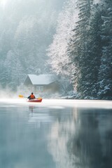 Fototapeta premium A person kayaking in lake water in winter with snow with house