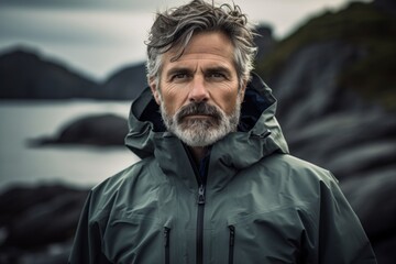 Obraz premium Portrait of a content man in his 50s wearing a functional windbreaker isolated in rocky shoreline background