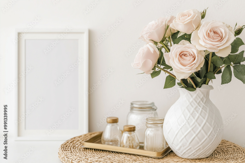 Wall mural a blank white card for mockup on the wooden table and vase with flowers