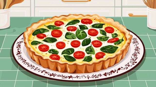 A delicious vegetable tart featuring vibrant tomatoes and fresh spinach on a crisp crust, perfect for any meal.