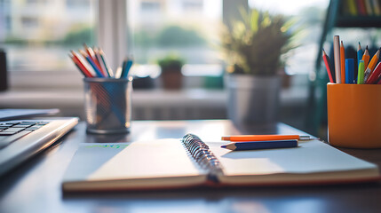 Close-up of a backpack filled with school supplies like notebooks, pens, and a water bottle, ready for the first day
