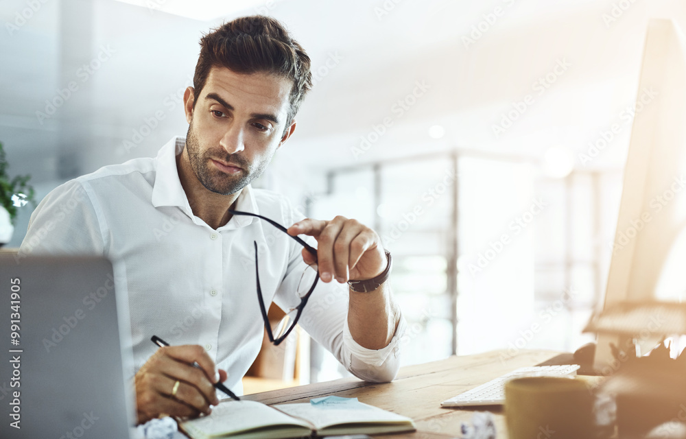 Poster business, man and computer writing on notebook at office on website or online for research and infor