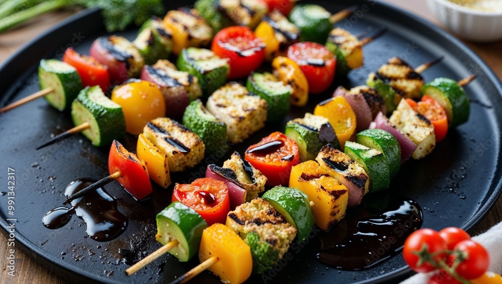 Canvas Prints Grilled veggie skewers with balsamic glaze closeup