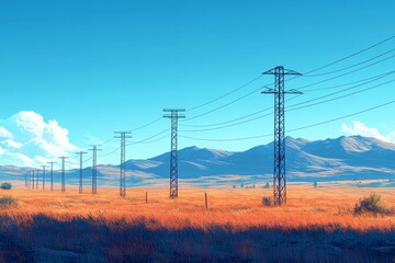 A sunny day, featuring large powergrid poles connected by wires stretching over rolling hills. Generative AI