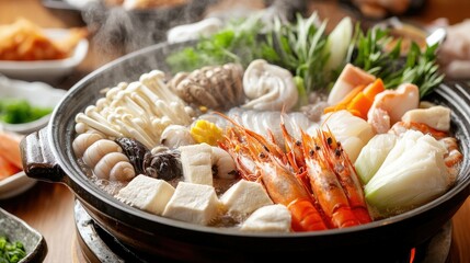 A colorful arrangement of Shabu-Shabu ingredients including seafood, vegetables, and tofu, set around a steaming hot pot on a wooden table.