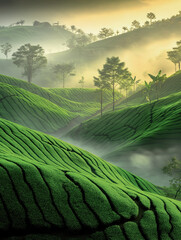 Enchanting scenery of foggy tea plantations on hillsides landscape with morning sun light.