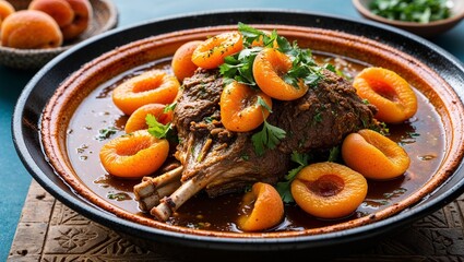 Moroccan lamb tagine with apricots closeup