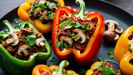 Mushroom quinoa stuffed bell peppers closeup