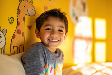 Young boy is smiling while sitting in a colorful room with drawings on the walls