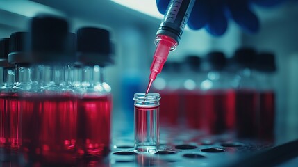A laboratory scene showing a syringe dispensing liquid into a vial among other samples.