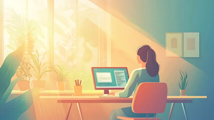 background with a freelancer working peacefully in a sunlit home office with a relaxing view
