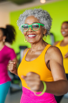 Zumba, Fitness Class for Mature Women at the Gym, Senior Black Woman Excersise, Ladies Dance in  Colorful Sportswear, Dance Workout, Active Lifestyle, Vertical Photo.