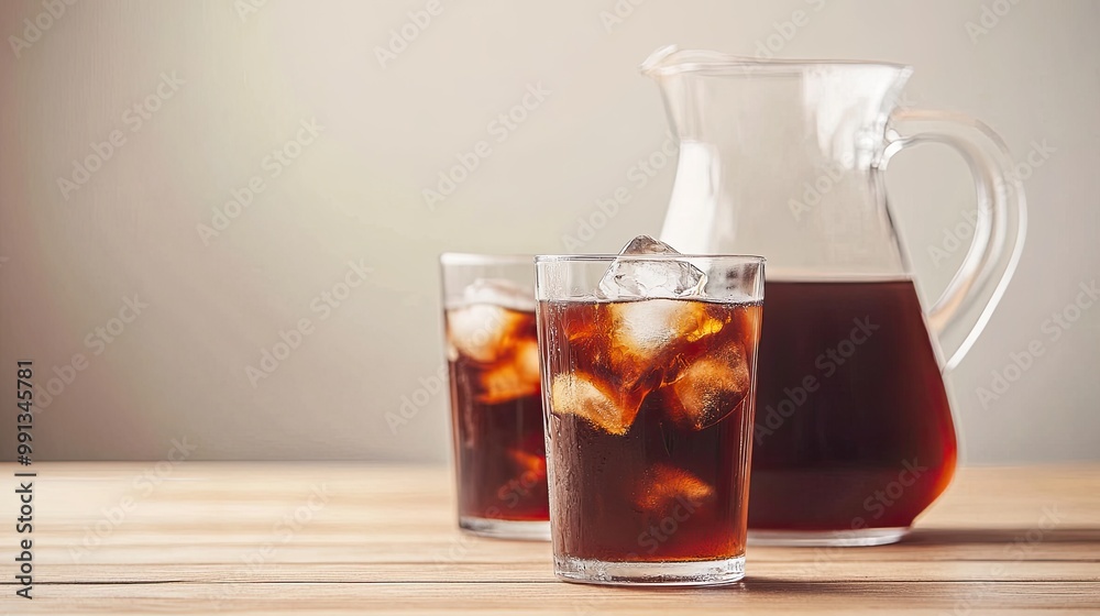 Wall mural A clean, modern cold brew display on a light wooden table with a glass and pitcher of iced cold brew, leaving a large space at the top for text or branding. Minimal accents.