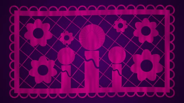Papel picado de velas y flores para el d&iacute;a de muertos en color y fondo rosa. 