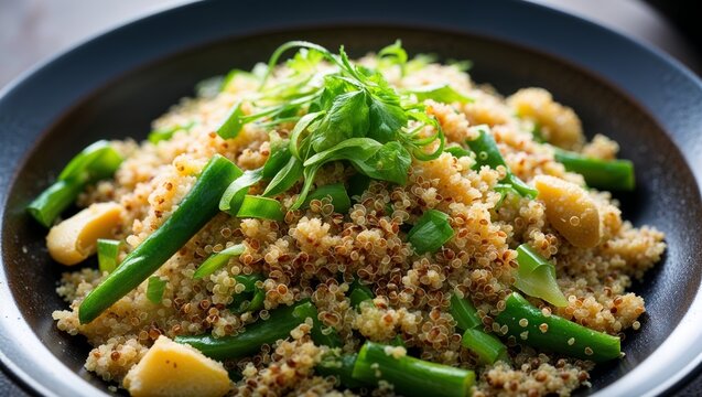 Quinoa stir fry with ginger and tamari closeup
