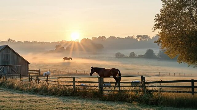 A horse grazing in a rural field at sunrise and sunset, surrounded by nature and a peaceful countryside landscape