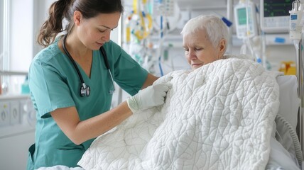 Fototapeta premium Nurse adjusting the blankets for a senior person resting in bed, ensuring their warmth comfort care, senior assistance