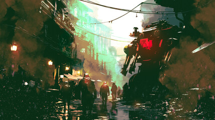The light shines after the war ends. Soldiers patrol together with robots, Illustratration art, Ai generate