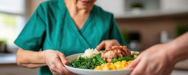 Nurse helping a senior person with meal preparation in a cozy kitchen, promoting healthy eating   elderly nutrition, home care