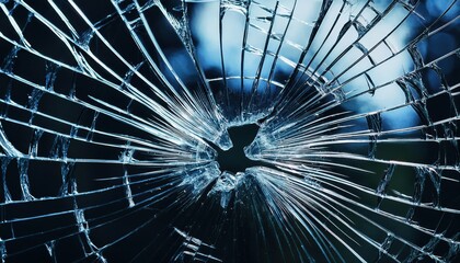 Close-Up of Shattered Glass with Radial Cracks and Broken Center, Capturing the Intricate, Sharp Details of Fragmented Glass Against a Softly Blurred Blue and Black Background