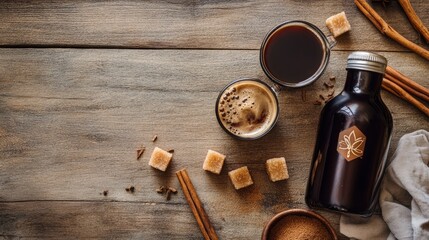 A flat lay of a cold brew coffee bottle with two tumblers, one filled and one empty, surrounded by brown sugar cubes, cinnamon sticks, and a linen napkin on a wooden table.