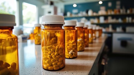 Close-up of pharmacist hands counting pills for prescription at pharmacy