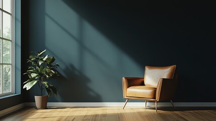 Fototapeta premium A cozy corner featuring a stylish leather chair, vibrant plant, and a modern wall, perfect for interior design inspiration.