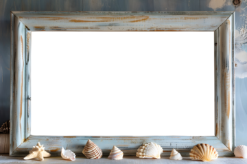 Driftwood and Starfish Decor with Empty Photo Frame on Coastal-Themed Wooden Shelf