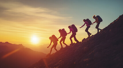 Obraz premium Group of women climbing a steep hill together, helping each other reach the top, with a sunrise in the background