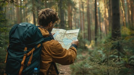 Fototapeta premium Hiker Navigating Through Forest