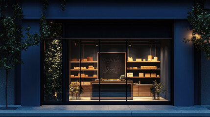 an exterior shot of the front window of a small boutique store with a dark blue wall and black frame
