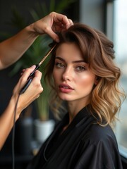 Fototapeta premium A hairstylist carefully uses a curling iron to create beautiful waves in the model's hair. The softly lit salon features greenery in the background, enhancing the atmosphere of elegance and beauty.