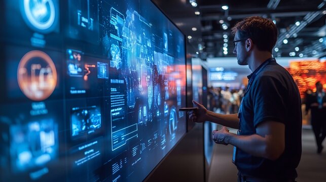 A person interacts with a digital display showcasing data and analytics at a tech event.
